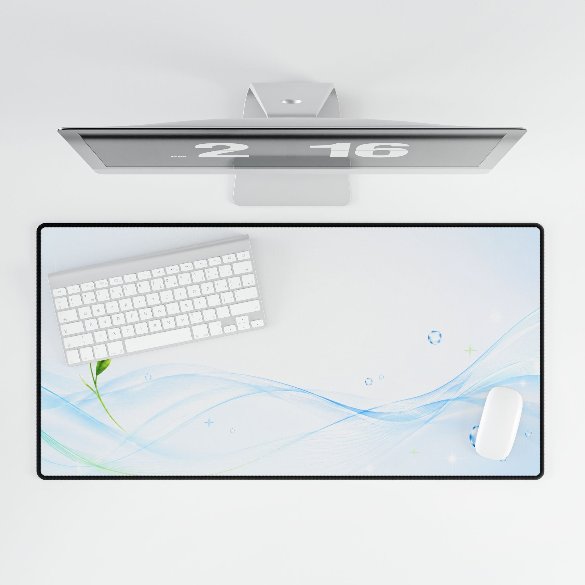 Refreshing Water Wave Desk Mat — Large Office Mousepad with Leaf Accent