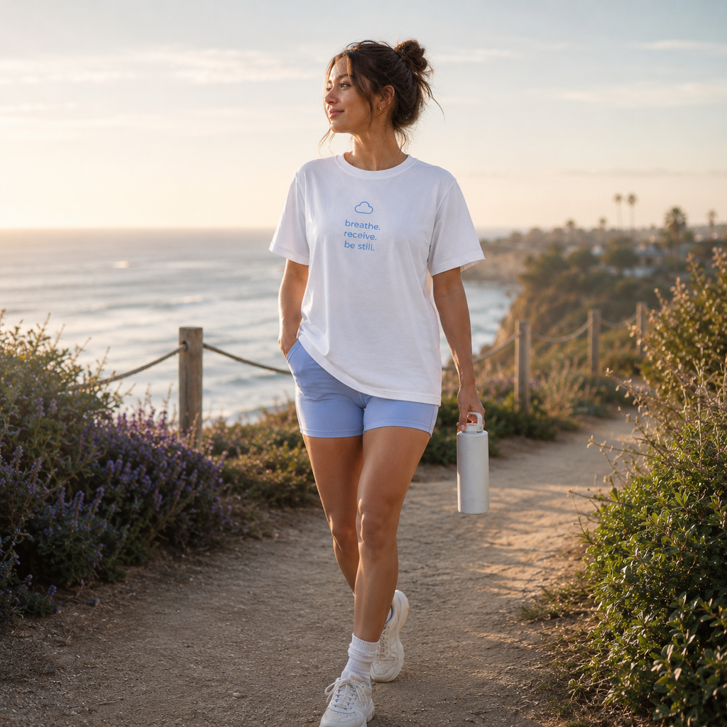 Minimal Wellness T‑Shirt — "breathe. receive. be still." Mindful Graphic Tee