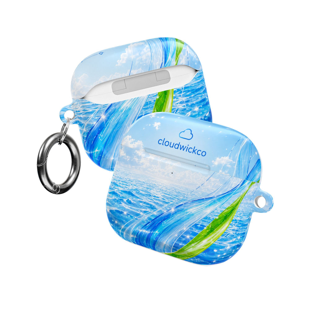 Ocean Wave AirPod Case — Blue Sea Water + Green Leaf Design
