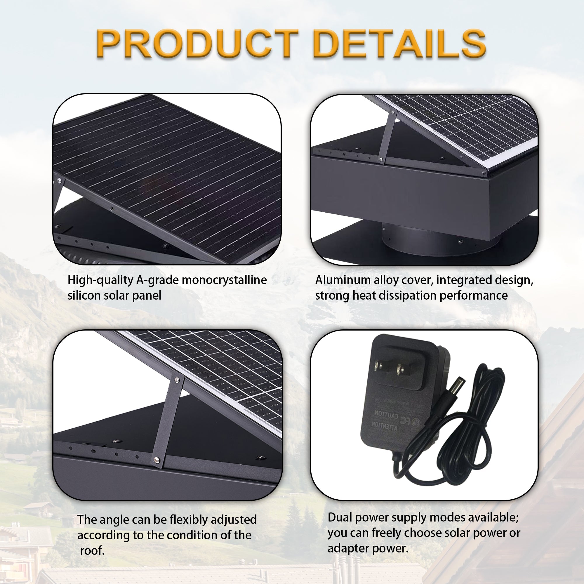 14" Adjustable Square Solar Roof Exhaust Fan, 60W Dual Power Attic Ventilator