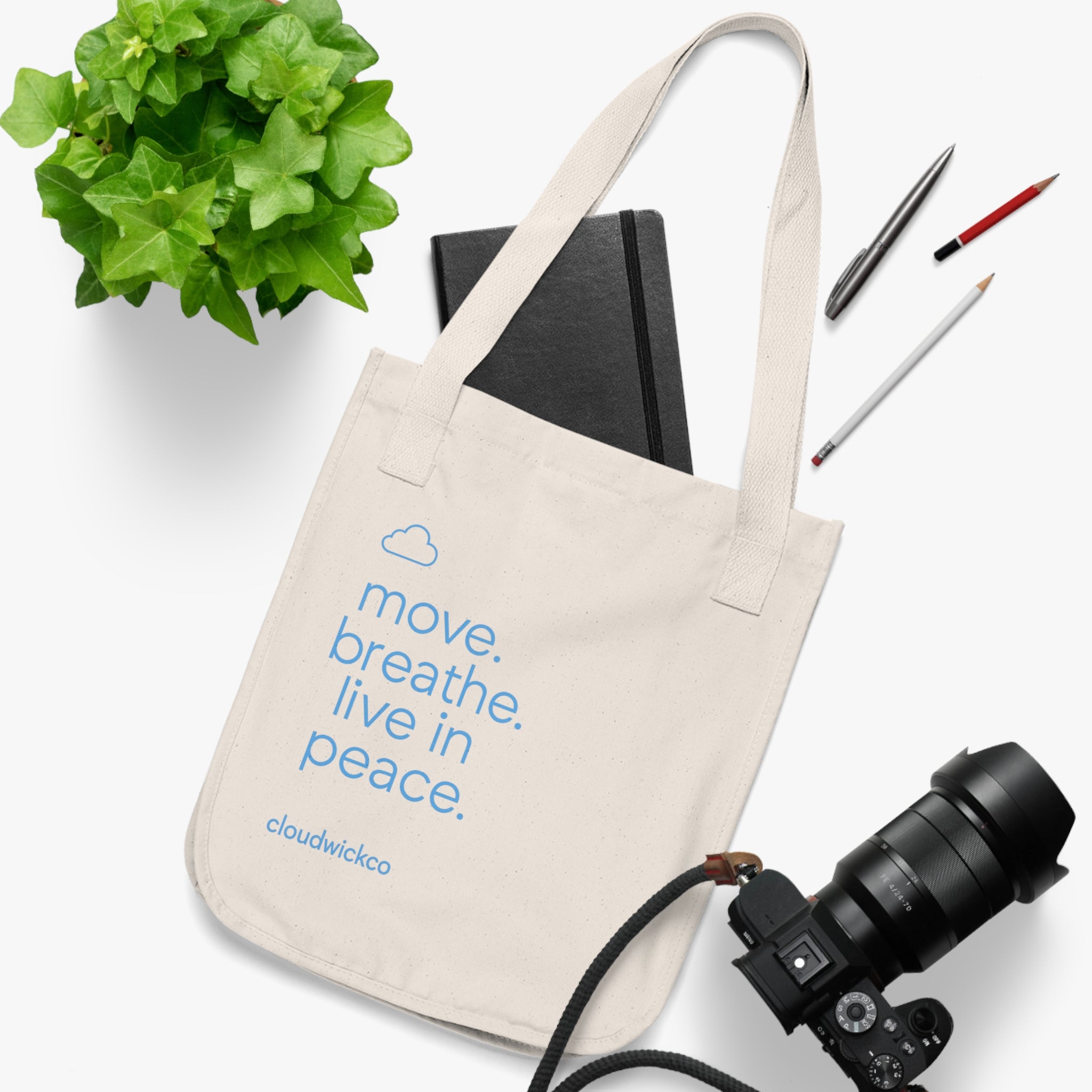 Tote — "move. breathe. live in peace." Organic Canvas Carry Bag