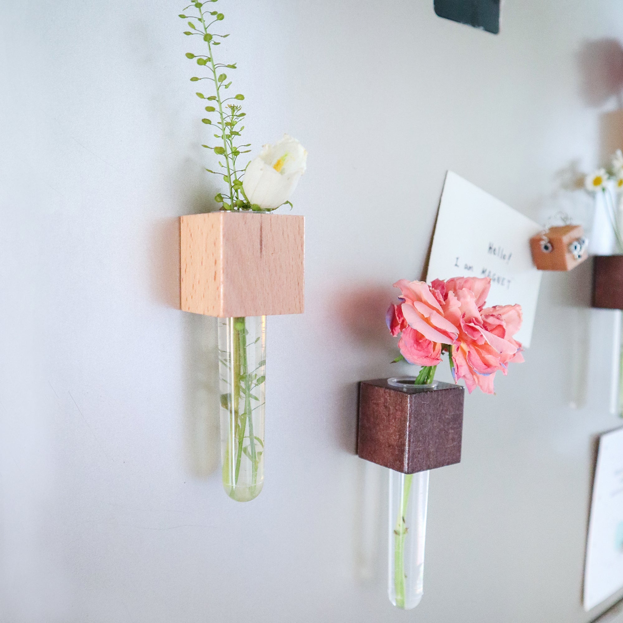 Mini Vase Magnets – Set of 2 – Beech & Walnut Wood – Decorative Fridge Magnets for Small Flowers or Greenery