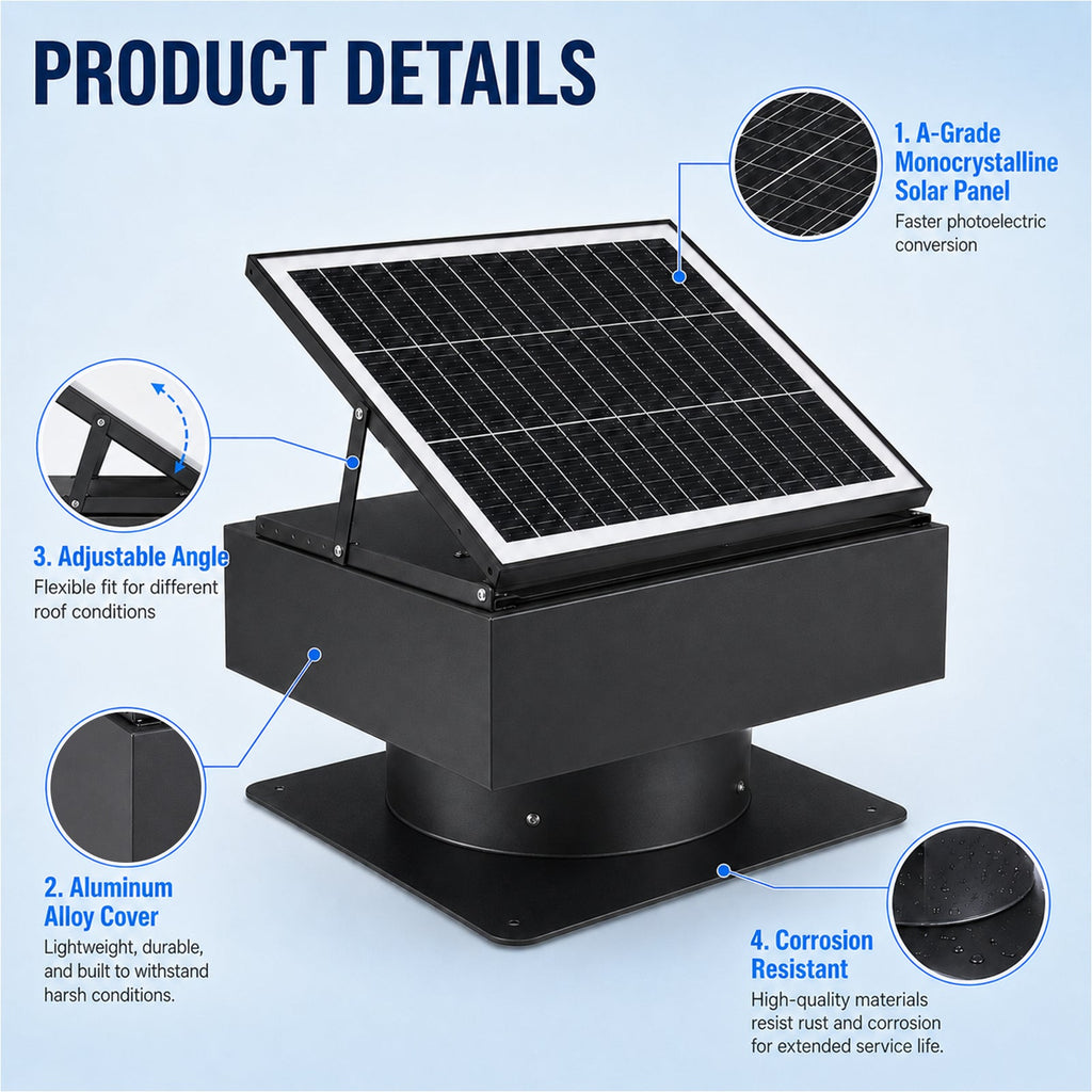 14" Adjustable Square Solar Roof Exhaust Fan, 60W Dual Power Attic Ventilator