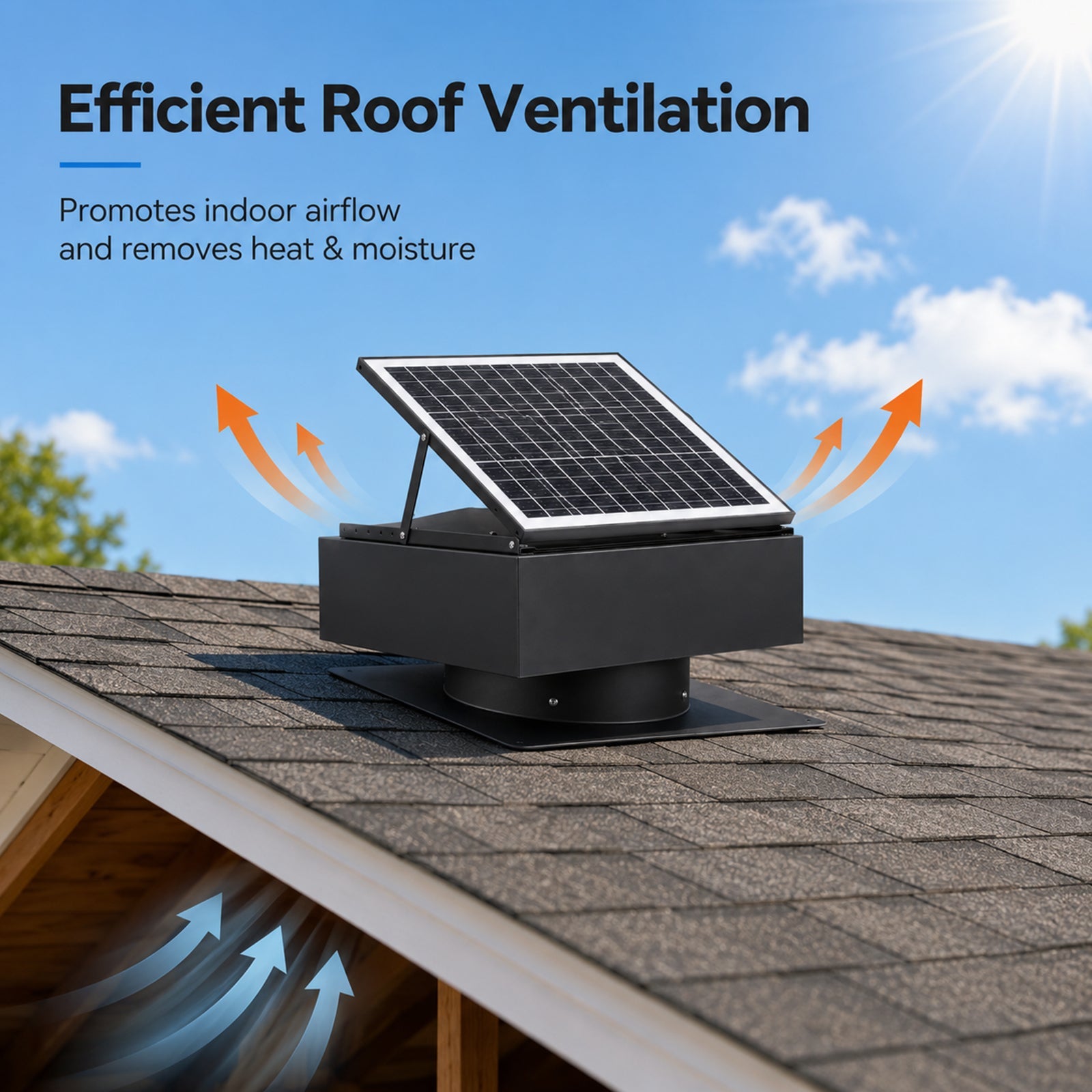 14" Adjustable Square Solar Roof Exhaust Fan, 60W Dual Power Attic Ventilator